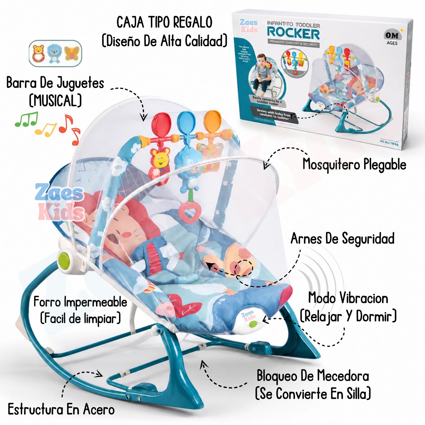 Silla Mecedora Vibradora Y Musical Para Bebe 3 En 1 Con Toldillo